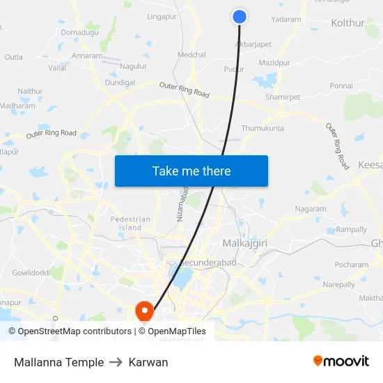 Mallanna Temple to Karwan map