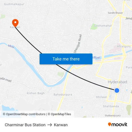 Charminar Bus Station to Karwan map