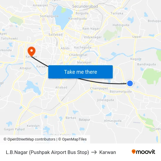 L.B.Nagar (Pushpak Airport Bus Stop) to Karwan map