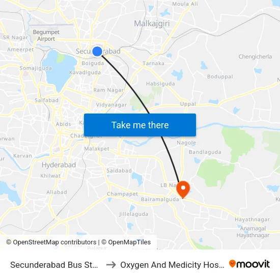 Secunderabad Bus Station to Oxygen And Medicity Hospital map