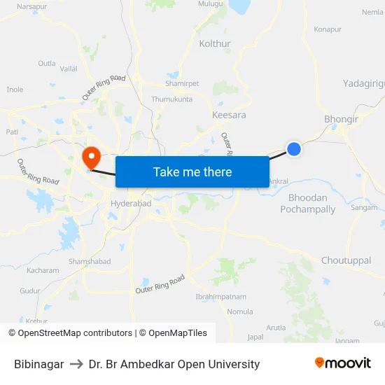 Bibinagar to Dr. Br Ambedkar Open University map