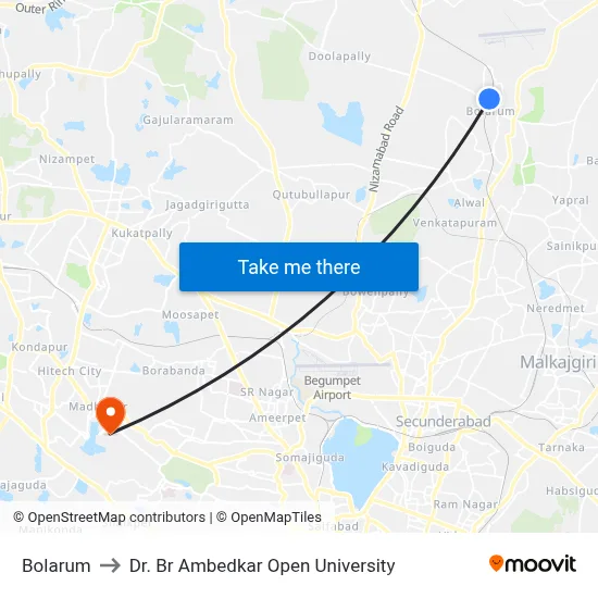 Bolarum to Dr. Br Ambedkar Open University map