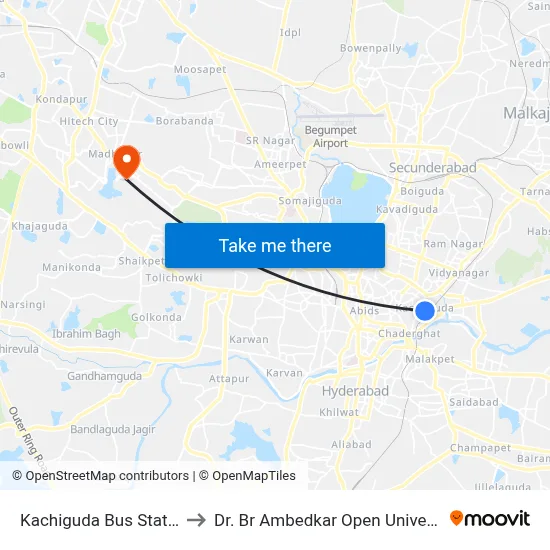 Kachiguda Bus Station to Dr. Br Ambedkar Open University map