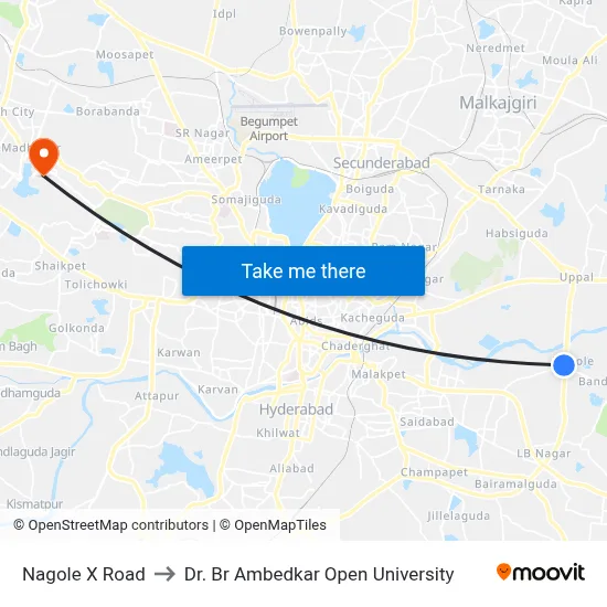Nagole X Road to Dr. Br Ambedkar Open University map