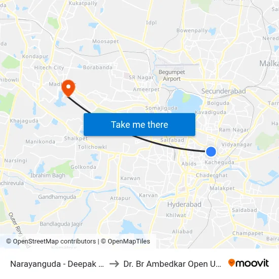 Narayanguda - Deepak Theatre to Dr. Br Ambedkar Open University map
