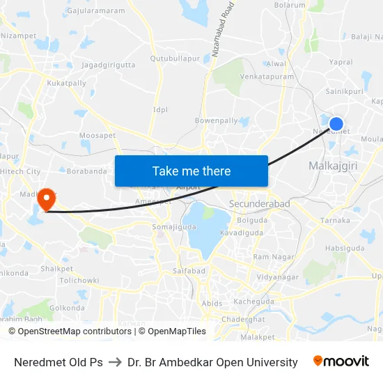 Neredmet Old Ps to Dr. Br Ambedkar Open University map