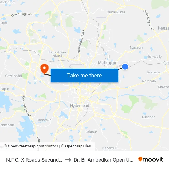 N.F.C. X Roads Secunderabad to Dr. Br Ambedkar Open University map