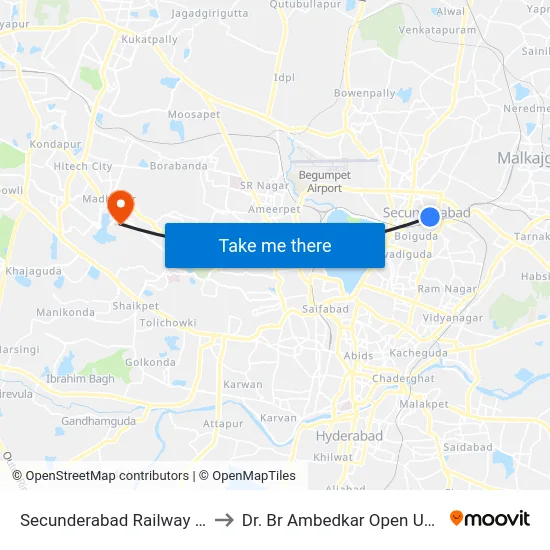 Secunderabad Railway Station to Dr. Br Ambedkar Open University map