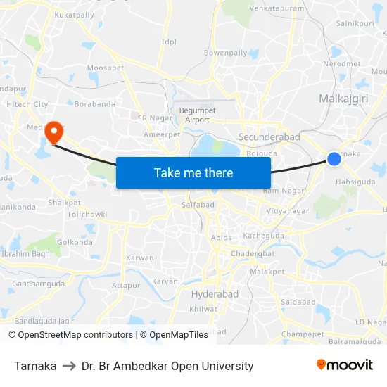Tarnaka to Dr. Br Ambedkar Open University map