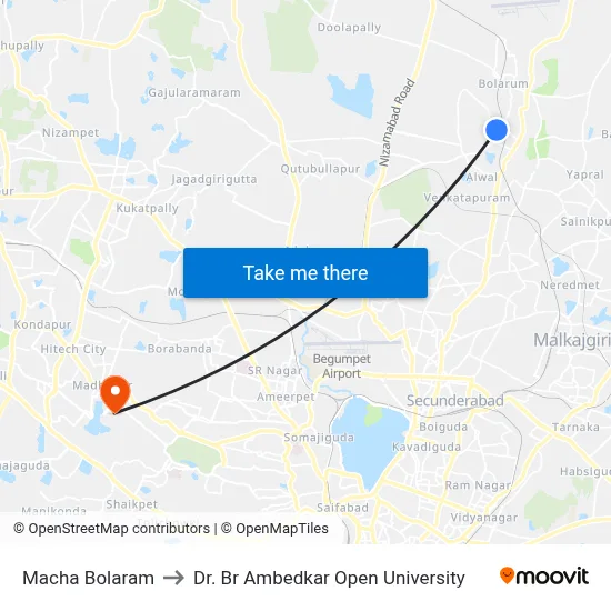 Macha Bolaram to Dr. Br Ambedkar Open University map