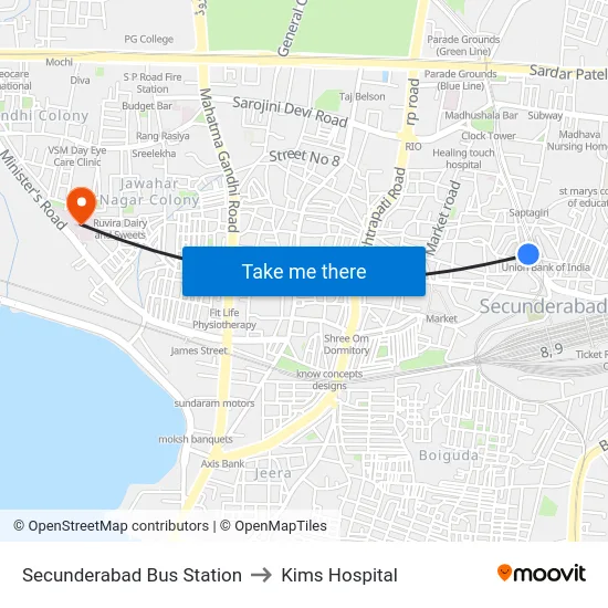 Secunderabad Bus Station to Kims Hospital map