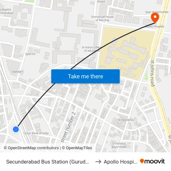 Secunderabad Bus Station to Apollo Hospital map