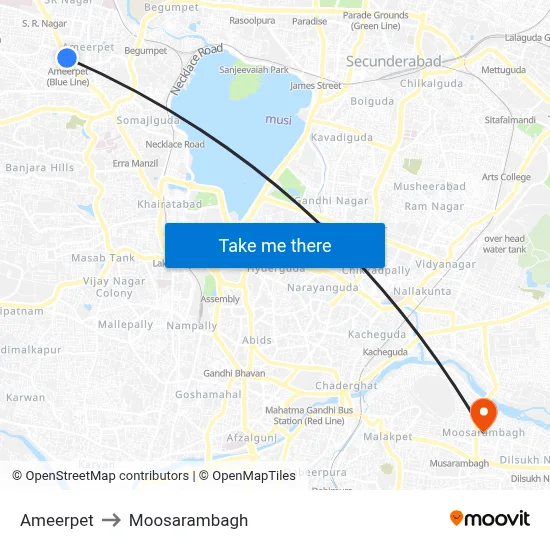 Ameerpet to Moosarambagh map
