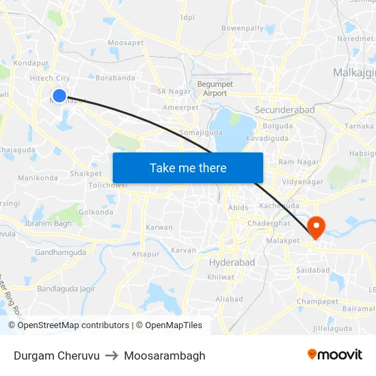 Durgam Cheruvu to Moosarambagh map