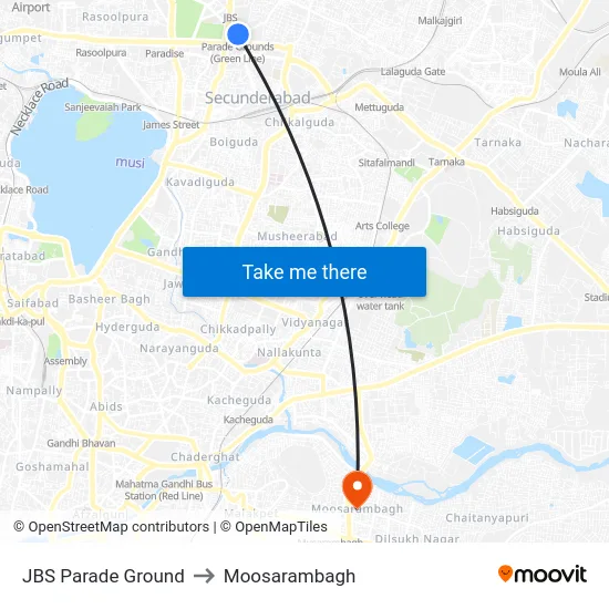 JBS Parade Ground to Moosarambagh map