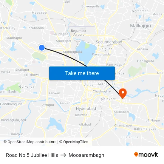 Road No 5 Jubilee Hills to Moosarambagh map
