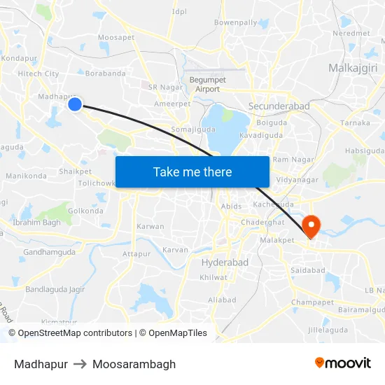Madhapur to Moosarambagh map