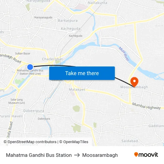 Mahatma Gandhi Bus Station to Moosarambagh map