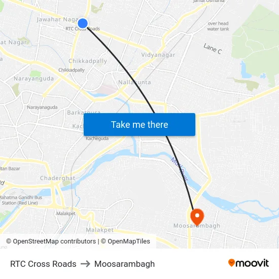 RTC Cross Roads to Moosarambagh map