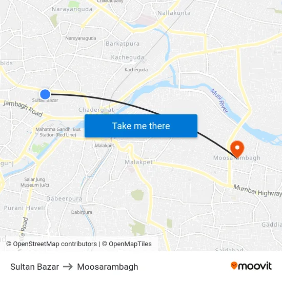 Sultan Bazar to Moosarambagh map