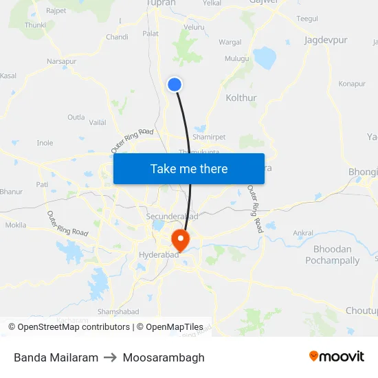 Banda Mailaram to Moosarambagh map
