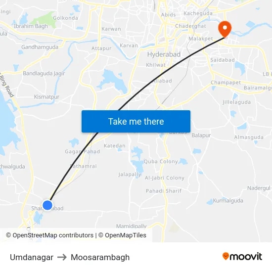 Umdanagar to Moosarambagh map