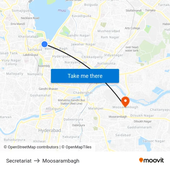 Secretariat to Moosarambagh map