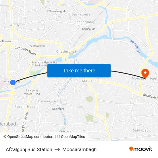 Afzalgunj Bus Station to Moosarambagh map