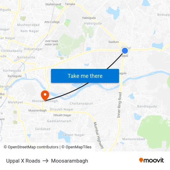Uppal X Roads to Moosarambagh map