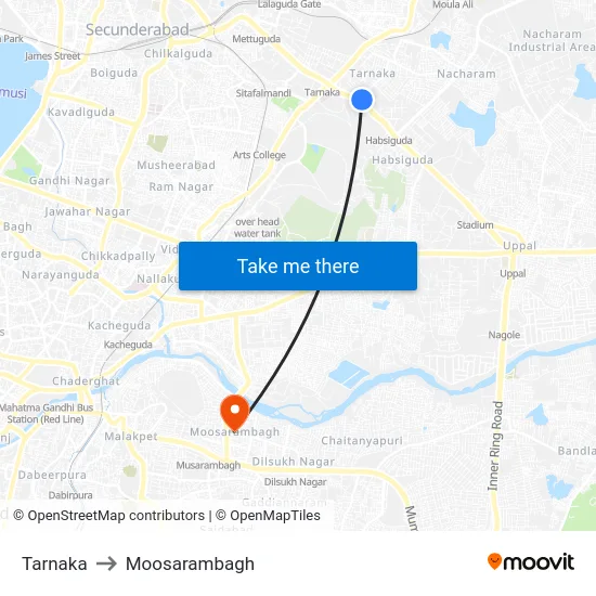 Tarnaka to Moosarambagh map