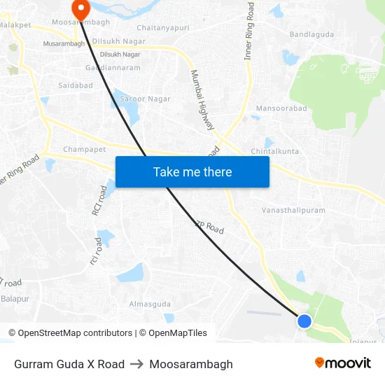 Gurram Guda X Road to Moosarambagh map