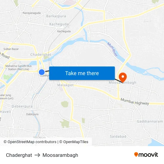 Chaderghat to Moosarambagh map