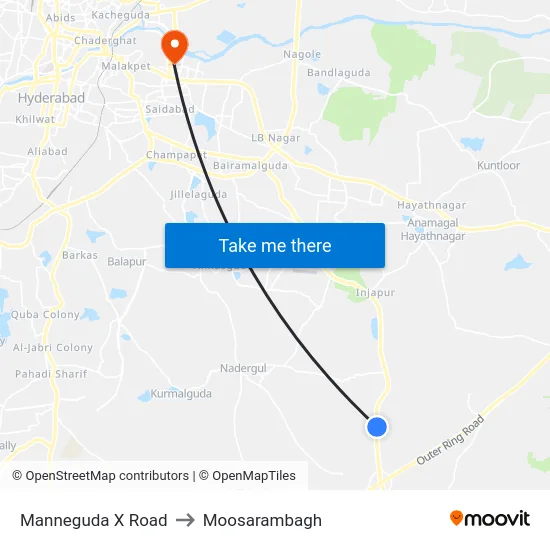 Manneguda X Road to Moosarambagh map