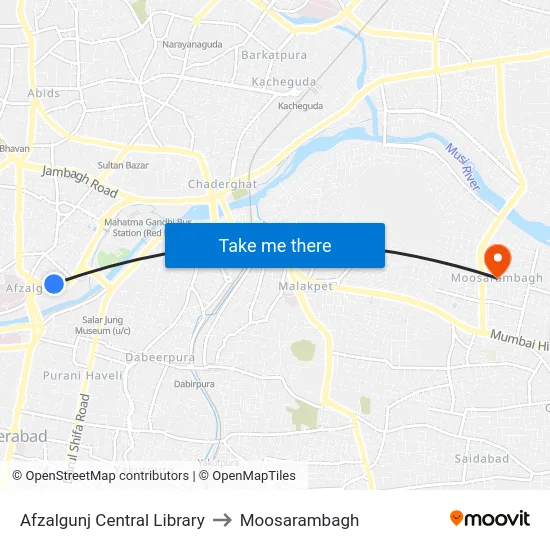 Afzalgunj Central Library to Moosarambagh map