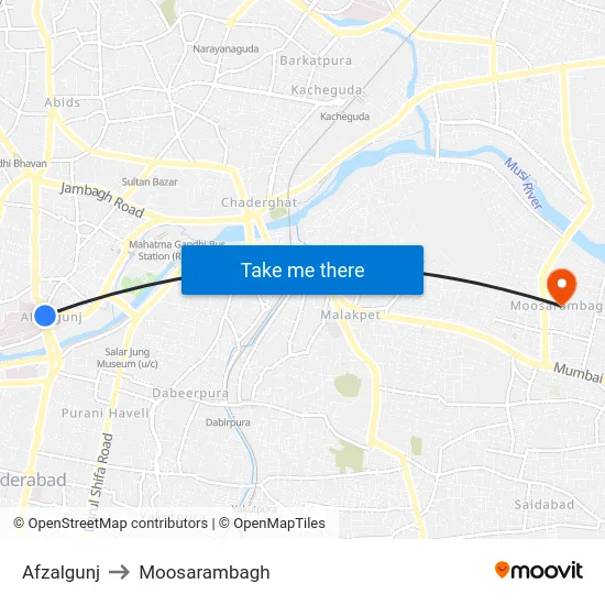 Afzalgunj to Moosarambagh map