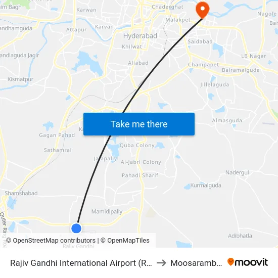 Rajiv Gandhi International Airport (R.G.I.A.) to Moosarambagh map