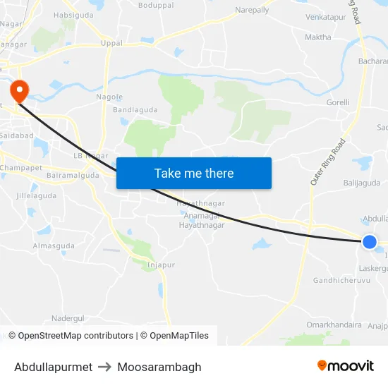 Abdullapurmet to Moosarambagh map