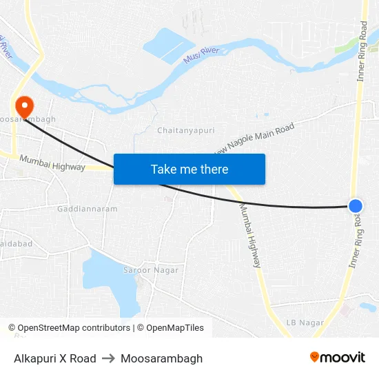 Alkapuri X Road to Moosarambagh map