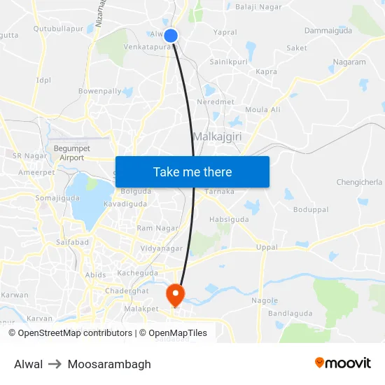 Alwal to Moosarambagh map