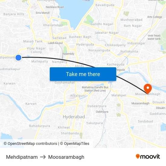 Mehdipatnam to Moosarambagh map
