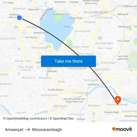 Ameerpet to Moosarambagh map