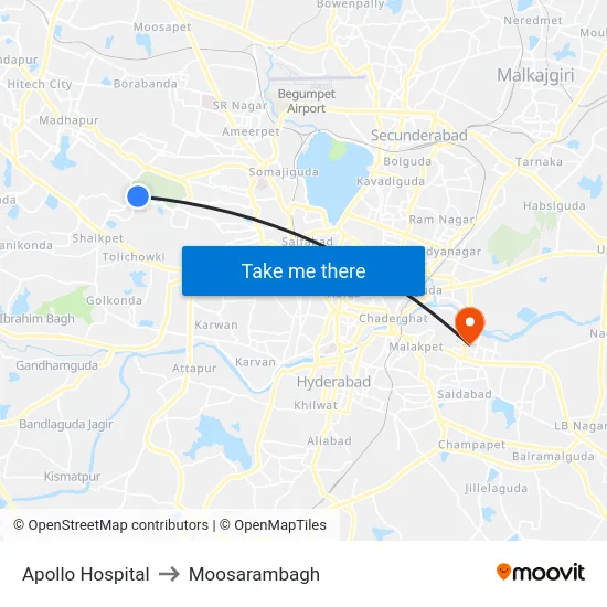 Apollo Hospital to Moosarambagh map