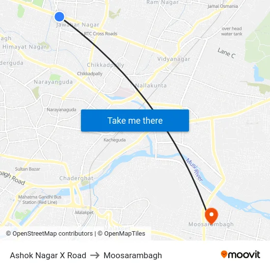 Ashok Nagar X Road to Moosarambagh map