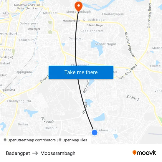 Badangpet to Moosarambagh map