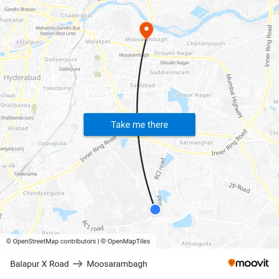 Balapur X Road to Moosarambagh map