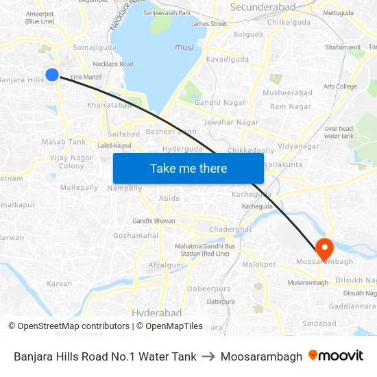 Banjara Hills Road No.1 Water Tank to Moosarambagh map