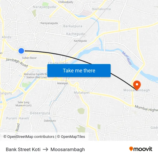 Bank Street Koti to Moosarambagh map