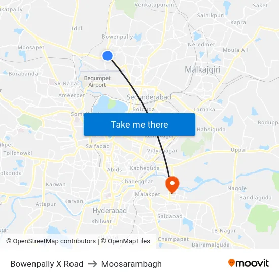 Bowenpally X Road to Moosarambagh map