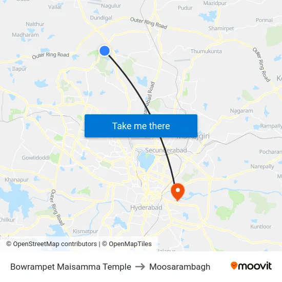 Bowrampet Maisamma Temple to Moosarambagh map
