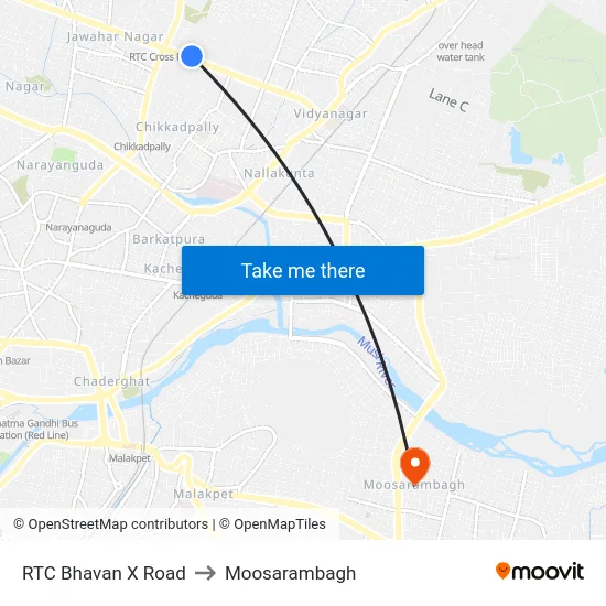 RTC Bhavan X Road to Moosarambagh map